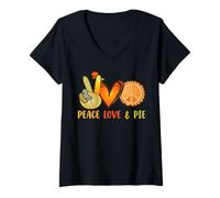 Donna Peace Love Pie Ringraziamento Segno di Pace Tacchino Mano Hippie Maglietta con Collo a V