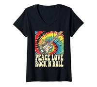 Donna Peace Love Rock N Roll Chitarra Hippie Retro Music Art Design Maglietta con Collo a V
