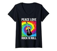 Donna Peace Love Rock N Roll Chitarra Retro Hippie Music Art Design Maglietta con Collo a V