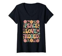 Donna Peace Love Rodeo 60s 70s Hippie Retro Rodeo atleta Maglietta con Collo a V