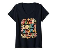 Donna Peace Love Snowboard 60s 70s Hippie Retro Snowboarder Maglietta con Collo a V