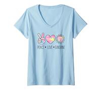 Donna Peace Love Sunshine Retro Pastello Mano Cuore Sole Positivo Maglietta con Collo a V