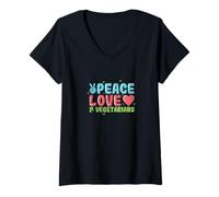 Donna Peace Love & Vegetariani Colorato Veggie Art Maglietta con Collo a V