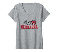 Donna Peace Love Volleyball Bold Nebraska Maglietta con Collo a V