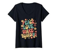 Donna Peace Love Wakeboard 60s 70s Hippie Retro Wakeboarder Maglietta con Collo a V