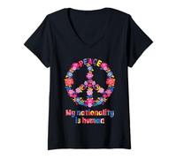 Donna Peace Pace - Scritta con Motivo Floreale, Simbolo della Pace da Donna e Uomo Maglietta con Collo a V