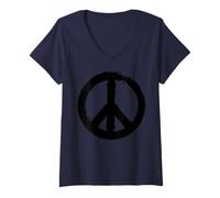 Donna Peace - Simbolo della Pace Segno della Pace in Nero Maglietta con Collo a V