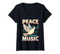 Donna Peace Through Music Dove Cuffie Retro Vintage Positive Maglietta con Collo a V