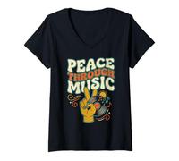 Donna Peace Through Music Groovy Hippie, Disco in Vinile retrò Maglietta con Collo a V
