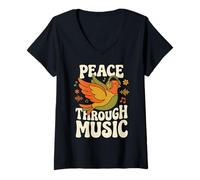 Donna Peace Through Music Retro Groovy Hippie Bird Cuffie Art Maglietta con Collo a V