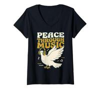 Donna Peace Through Music Retro Groovy Hippie Dove Cuffie Art Maglietta con Collo a V