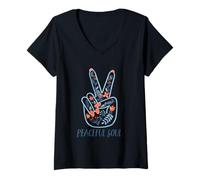 Donna Peaceful Soul Floral Peace Hand Gesture Nature Inspired Maglietta con Collo a V
