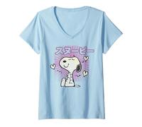 Donna Peanuts Tokyo Snoopy Amore Cuori Vintage Giappone BFF VHS Kanji Maglietta con Collo a V
