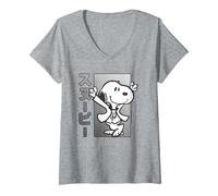 Donna Peanuts Tokyo Snoopy Dancing Giappone Amanti degli Animali 70s 90s Retro Maglietta con Collo a V, Grigio Melange, L