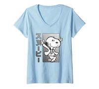 Donna Peanuts Tokyo Snoopy Dancing Giappone Amanti degli Animali 70s 90s Retro Maglietta con Collo a V, Celeste, L