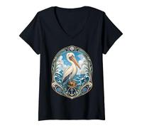 Donna Pellicano costiero Art Nouveau Ocean Bird Anchor Maglietta con Collo a V