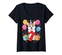Donna Pembroke cane 7 ° compleanno ragazzo ragazza 7 anni sette Corgi Maglietta con Collo a V