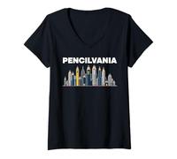Donna Pencilvania PA Pencil Skyline Divertente Pennsylvania Gioco di Parole Maglietta con Collo a V