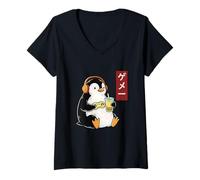Donna Penguin Gamer Ukiyo-e Giapponese w tè Boba Maglietta con Collo a V