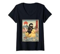 Donna Penguin Ninja Giappone Vintage Giapponese Ukiyo-e Art Maglietta con Collo a V