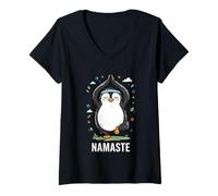 Donna Penguin Yoga Namaste Pose Meditation Cartoon Maglietta con Collo a V