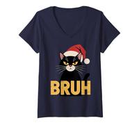 Donna Pennello Natalizio retrò Meme Funny Cat Xmas Maglietta con Collo a V
