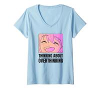 Donna Pensando a Pensare Troppo (Grafica Anime Divertente) Maglietta con Collo a V
