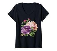 Donna Peonia Fiori Acquerello Lavanda Viola Peonie Rosa Peonia Maglietta con Collo a V
