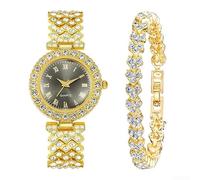 Donna per cristallo per quadrante orologio al quarzo cinturino in lega | per Full per cristallo per quadrante, strass scintillanti, elegante tono oro, quarzo preciso, lega leggera