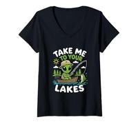 Donna Pesca Alien Lake Life Angler UFO Abduction Astronave Maglietta con Collo a V