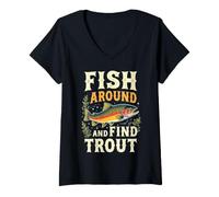 Donna Pesca in Giro e Trova Trota Vintage Divertente Pesca Maglietta con Collo a V