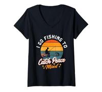 Donna Pesca per catturare la Pace della Mente Design retrò Tramonto Maglietta con Collo a V