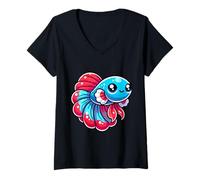 Donna Pesce Betta Kawaii, Animale Acquatico Colorato Maglietta con Collo a V