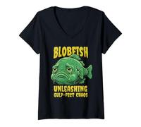 Donna Pesce Blob Caos Divertente Design Oceano Maglietta con Collo a V