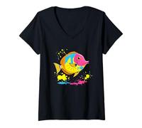 Donna Pesce Cartoon colorato con Schizzi di Vernice Maglietta con Collo a V