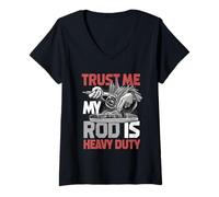 Donna Pesce Gatto Testa Piatta Trust Me My Rod Is Heavy Duty Maglietta con Collo a V