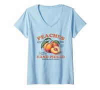 Donna Pesche raccolte a mano frutta vintage retrò pesca grafica Maglietta con Collo a V