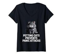 Donna Petting Cats Prevents Panic Attacks - Cat Anxiety Maglietta con Collo a V