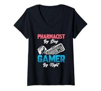 Donna Pharmacist By Day Gamer By Night - Funny Pharmacy Saying Maglietta con Collo a V