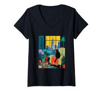 Donna Philadelphia, Skyline Città, Smoking, Gatto, Illustrazione Maglietta con Collo a V