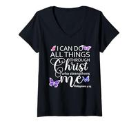 Donna Philippians 413 I Can Do all Things Through Christ Christian Maglietta con Collo a V