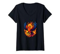 Donna Phoenix Rebirth Fire Bird Grafica Mitica Fiamma Design Maglietta con Collo a V
