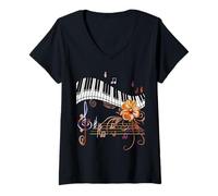 Donna Piano Musicalmente Gold Flower Maglietta con Collo a V