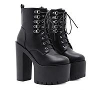 Donna Piattaforma Tacchi Alti Tacco Blocco Stivaletti Primavera Autunno Punta Rotonda Casual Stringate Stivali Corti,Nero,40 EU