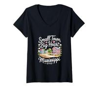 Donna Piccola Città storica del Mississippi, Grande Cuore in Stile Mississippi Maglietta con Collo a V