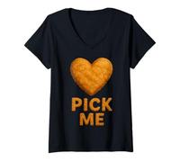 Donna Pick Me Funny Chicken Nugget Nug Heart San Valentino Maglietta con Collo a V