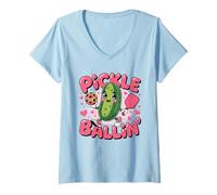 Donna Pickle Ballin Cute Cartoon Pickleball con pagaia e Palla Maglietta con Collo a V