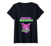 Donna Pickle Squad Funny Cute Hog Pig and Pickle Quirky Cartoon Maglietta con Collo a V