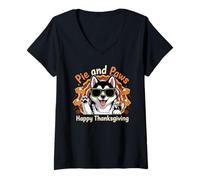 Donna Pie And Paws Happy Thanksgiving Sweet Dog Husky Design Maglietta con Collo a V