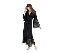 Donna Pigiama Kimono,Accappatoio Lungo Con Scollo A V In Pizzo Con Scollo A V In Raso Di Seta Accappatoio Lungo Con Cintura Da Damigella D'Onore Indumenti Da Notte Per La Festa Nuziale 4Xl,Nero,Xxxxl